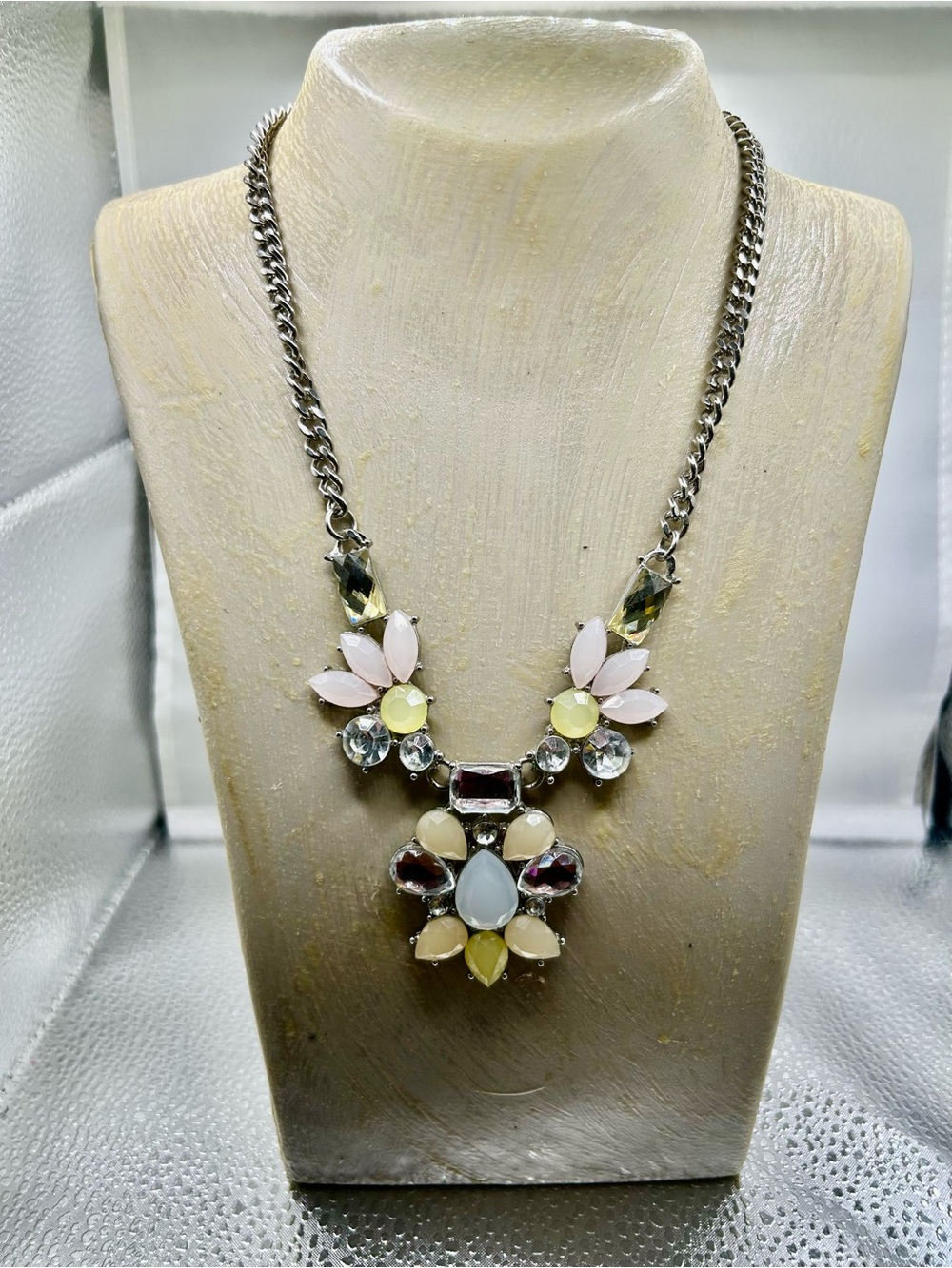 Statement  necklace floral silver chain pastel rhinestones pink yellow spring